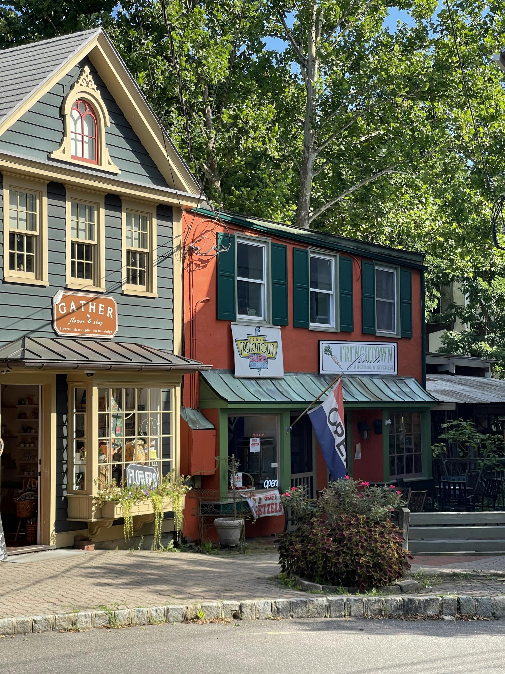Quaint small town shops with colorful facades on a sunny day.