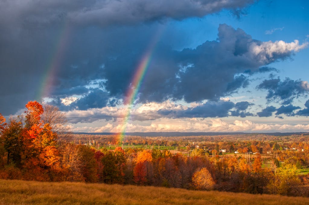 Stunning fall foliage with a double rainbow over Venango, Pennsylvania.